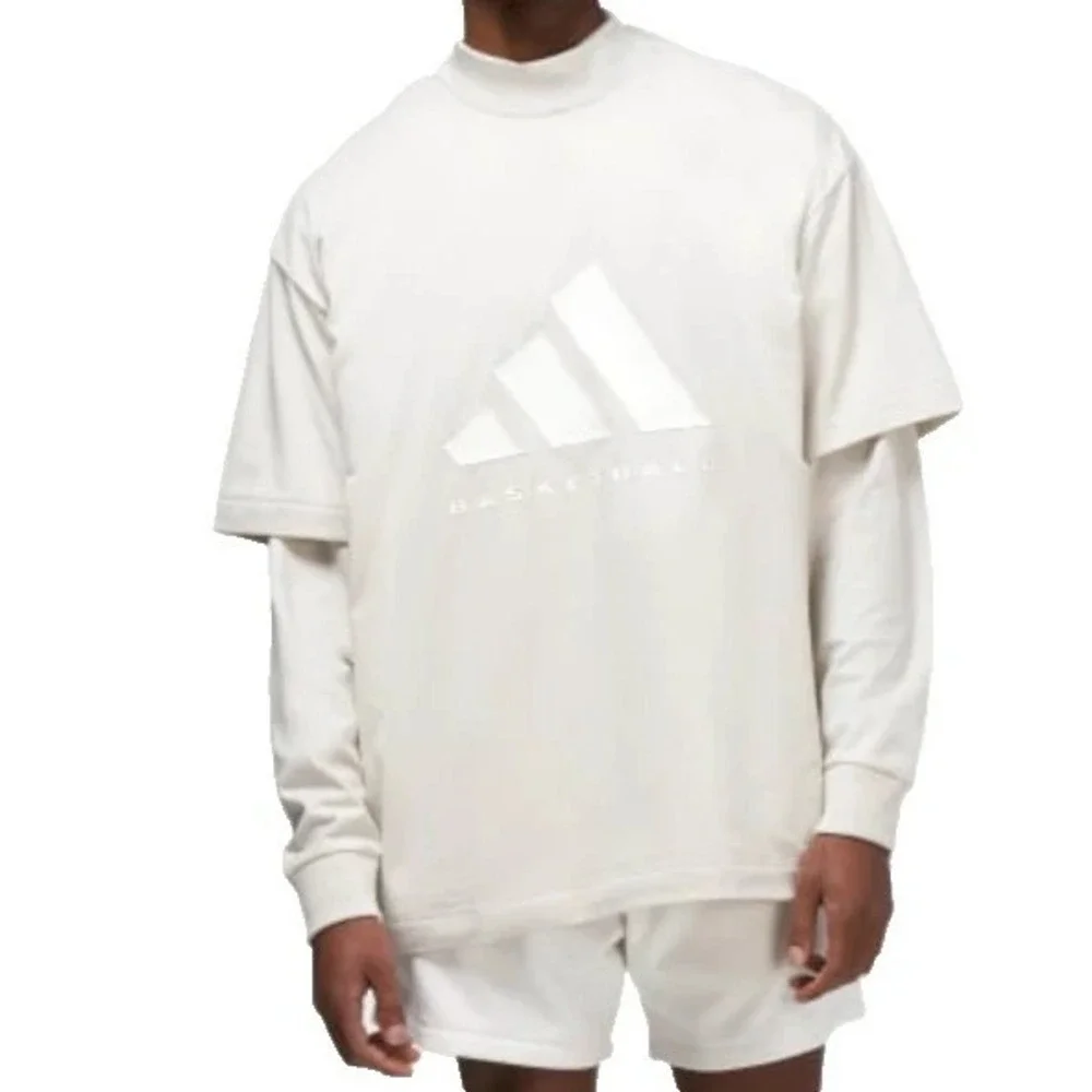 NWT Adidas Basketball Aluminium Shirt Mens XL Beige Short Sleeve Spellout Cotton